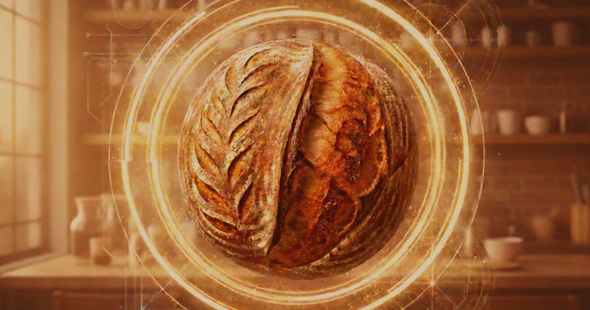 Il portale illuminato al centro porta a una pagnotta. Una metafora del portale verso il futuro del pane